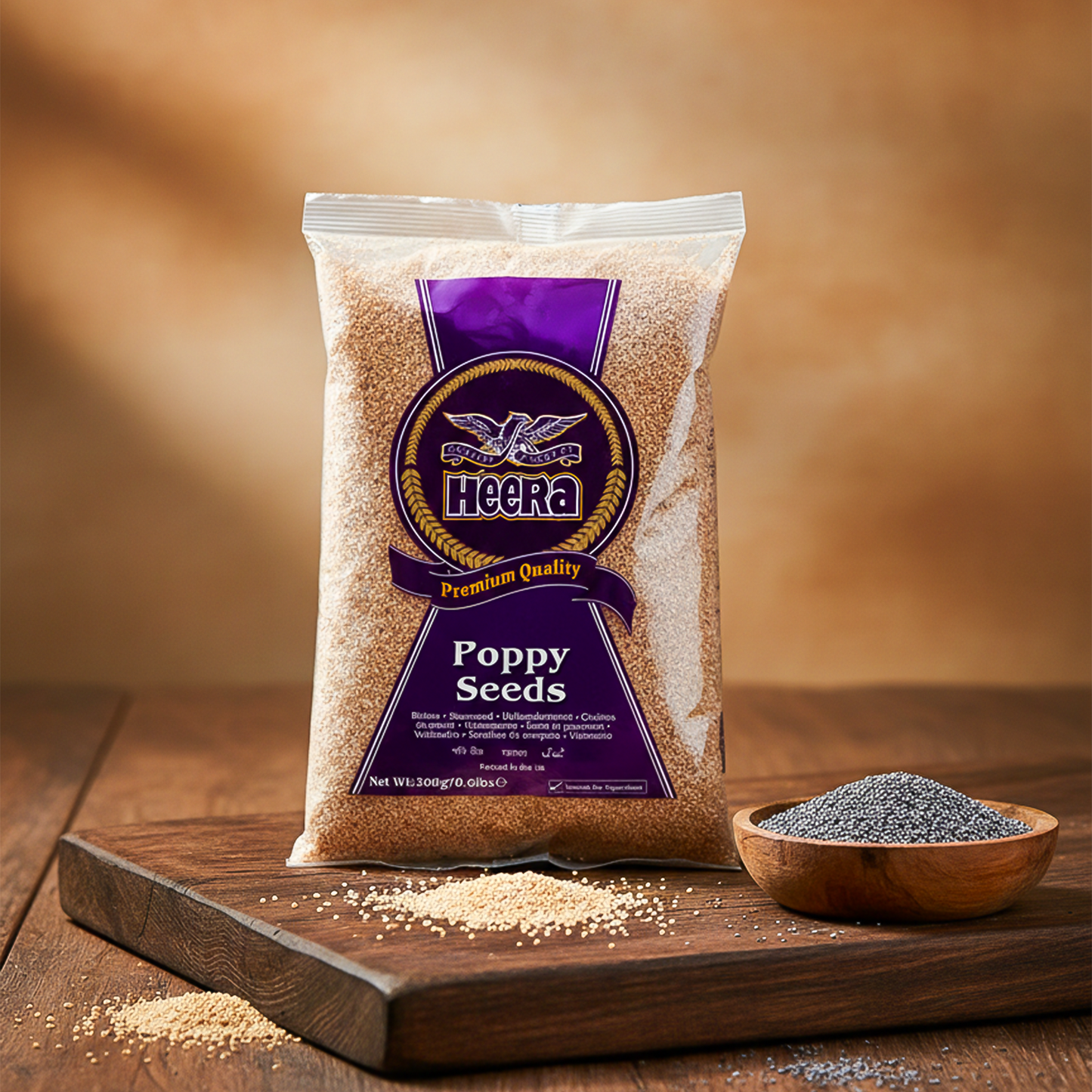 Bag of Heera Poppy Seeds on a wooden surface with a bowl of seeds beside it.